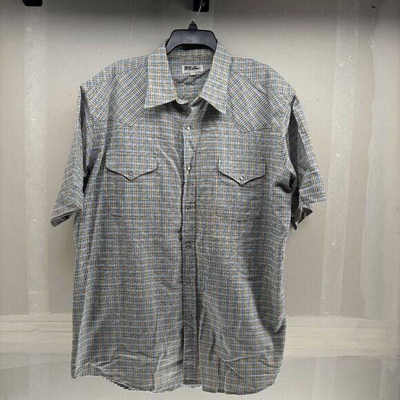 Vintage Ely Cattleman Pearl Snap Shirt Mens 17.5 Blue Yellow Plaid Western Short - Picture 1 of 4